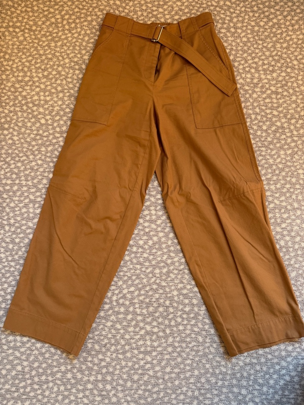 Cropped Cotton Pants in Light Brown with Belt
